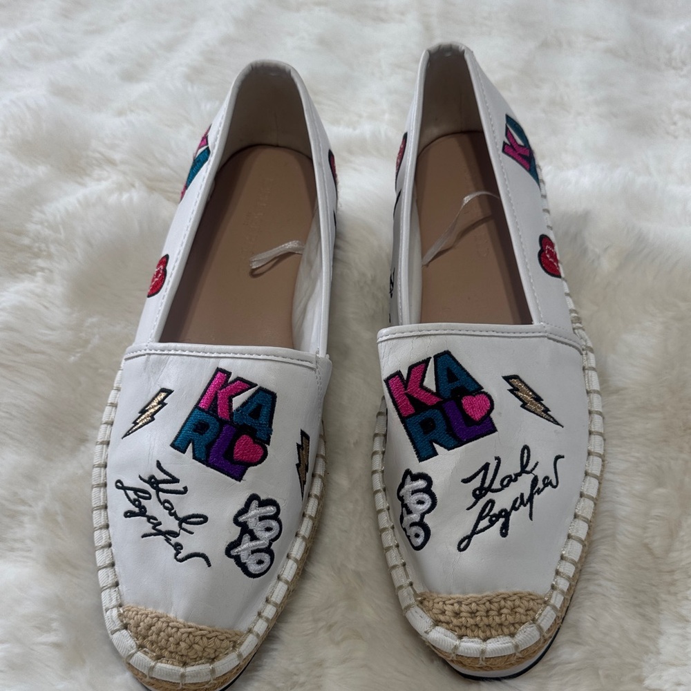 Karl Lagerfeld White Espadrille Slip-On Shoes with Colorful Patches